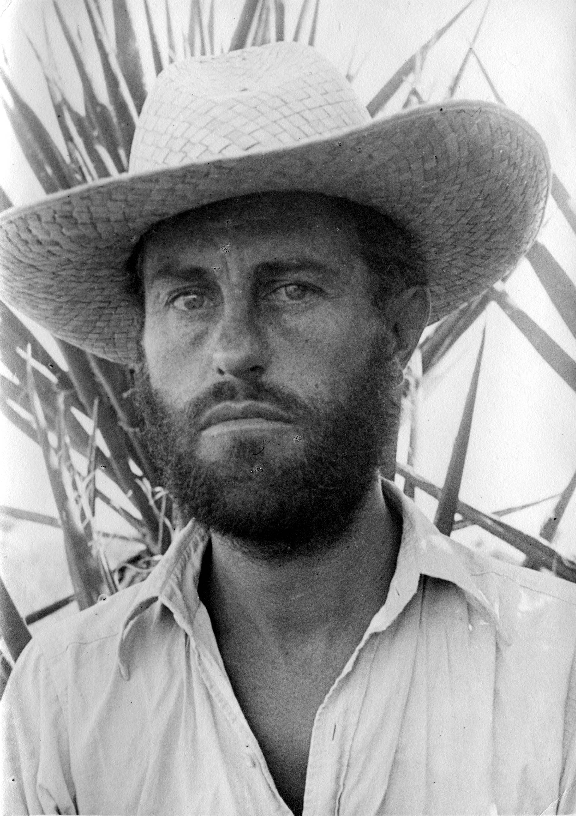 A rugged close-up self-portrait of Donald A. Hall Sr. with a full beard and wide-brimmed straw hat framed against desert agave foliage.