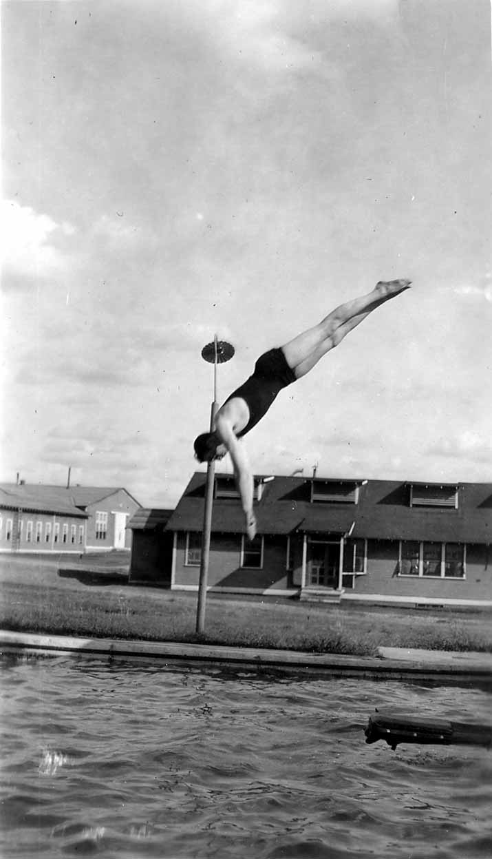 A diver executing a flawless swan dive off a wooden springboard, suspended high above the Brooks Field swimming pool.