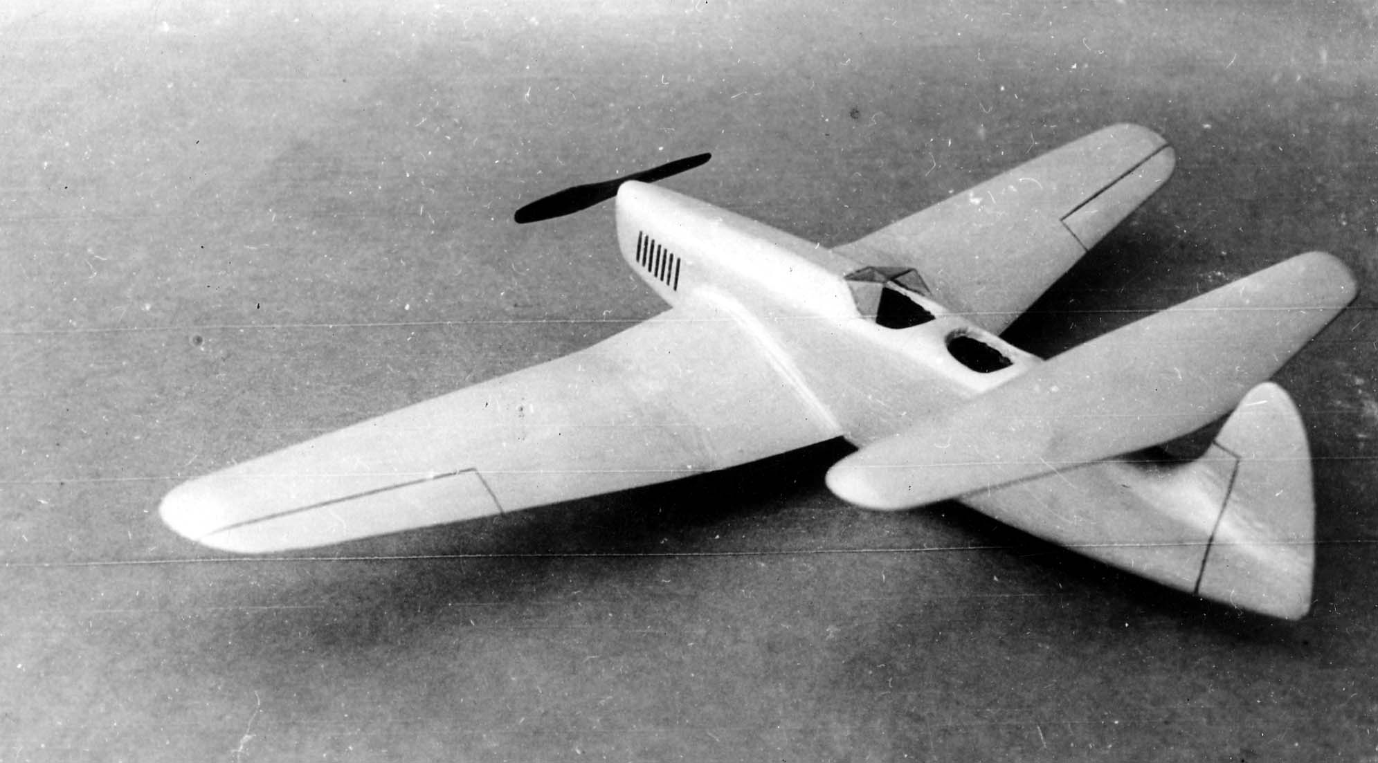 A light-colored, smoothly carved wooden model of a tandem wing aircraft with a black propeller.