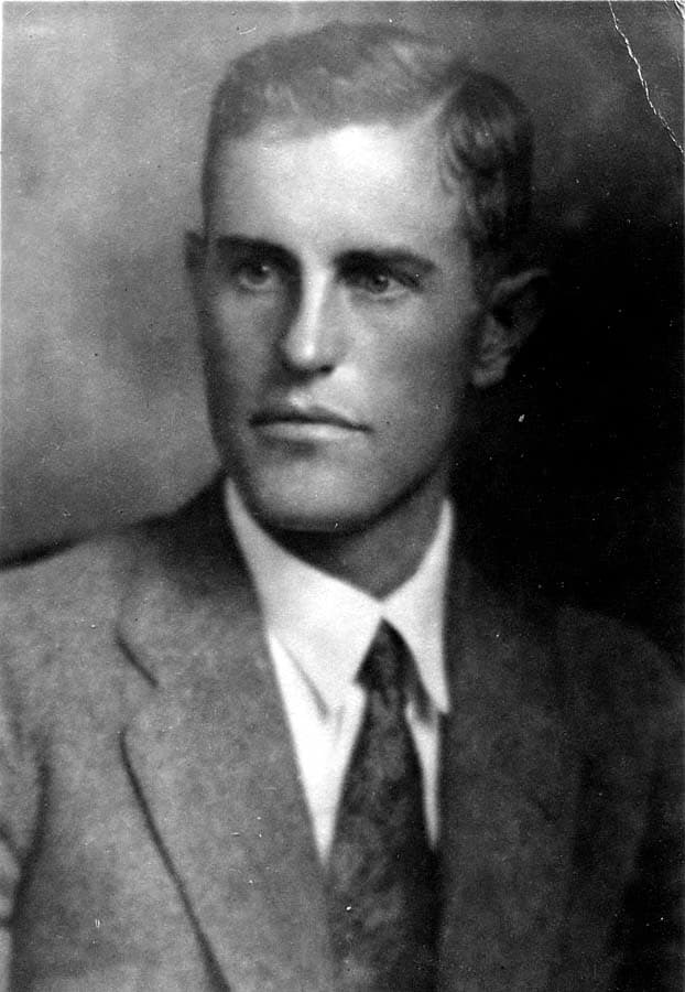 Studio portrait bust of Donald A. Hall Sr. in a tweed suit jacket and necktie as a young engineer.