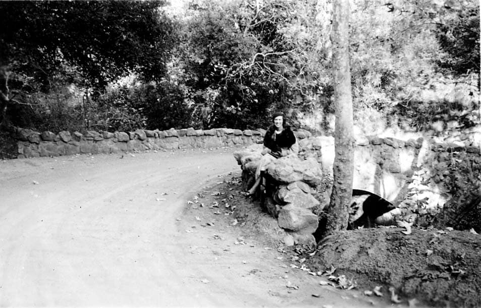 A portrait of Elisabeth "Betty" Hall smiling warmly, sitting on a rustic stone bridge spanning a dry creek bed in a wooded area.