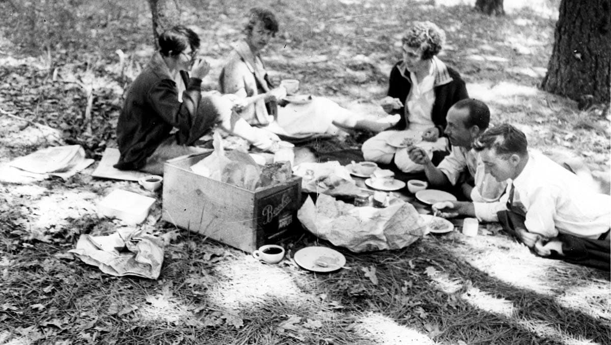 A group of five friends enjoying a picnic in a sunny, wooded area, sitting on a blanket around a wooden box filled with food.