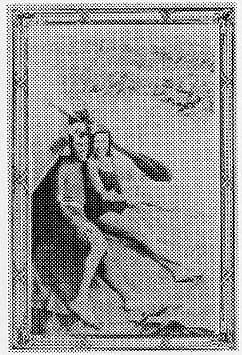 A grainy halftone print showing a man and a woman sitting in a canoe holding paddles.