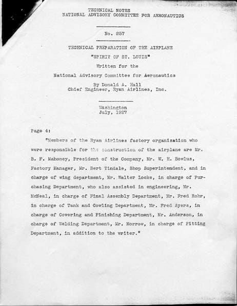 Title page and excerpt from NACA Technical Note No. 257 authored by Donald A. Hall listing personnel responsible for the Spirit of St. Louis.