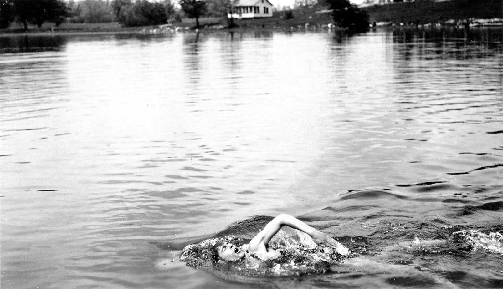 A person swimming freestyle in a large lake or river, with a grassy shoreline, trees, and a small house visible in the background.
