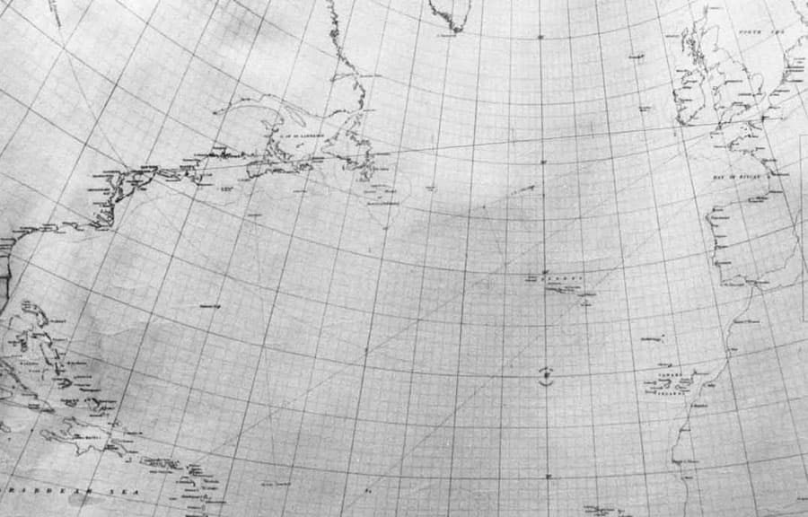 A wide view of Charles Lindbergh's original Great Circle Sailing Chart of the North Atlantic Ocean used for his 1927 transatlantic flight.