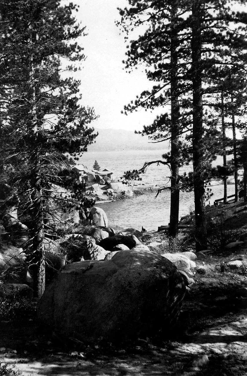 A scenic view through framing pine trees looking across the shimmering waters of Lake Cuyamaca toward distant mountain peaks.