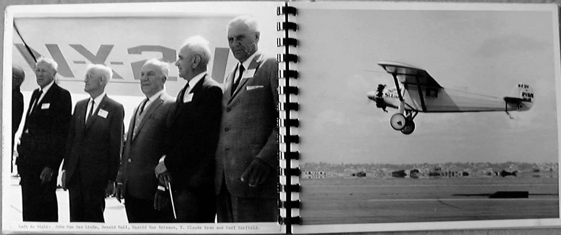Commemorative album spread showing original Ryan builders in San Diego and the Spirit of St. Louis replica taking off in 1967.