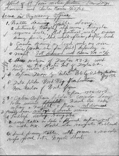 Donald A. Hall Sr.'s handwritten conference notes detailing drafting room props for Charles Eames on The Spirit of St. Louis film.