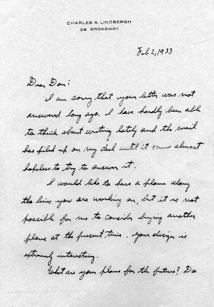 Page 1 of a handwritten letter from Charles A. Lindbergh to Donald A. Hall Sr. discussing the Hall X-1 design on 39 Broadway stationery.