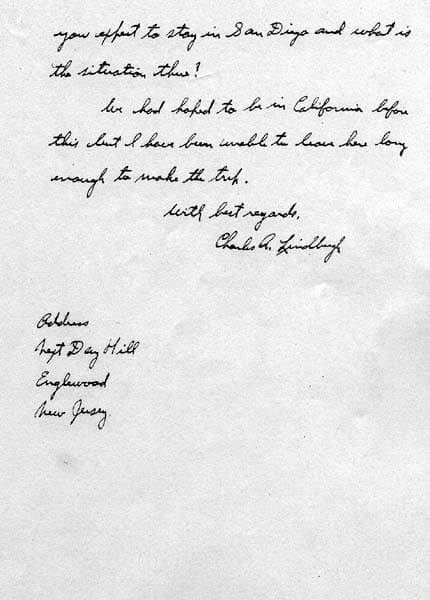 Page 2 of a handwritten letter from Charles A. Lindbergh to Donald A. Hall Sr. inquiring about San Diego plans from Next Day Hill.