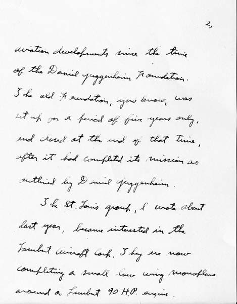 Page 2 of a handwritten letter from Charles A. Lindbergh explaining the Daniel Guggenheim Foundation and Lambert Aircraft.