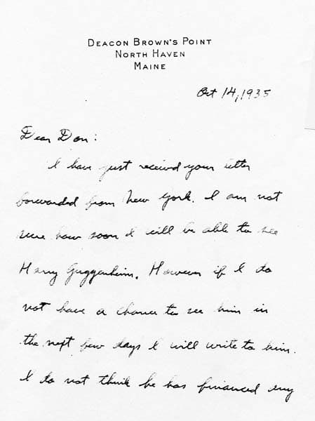 Page 1 of a handwritten letter from Charles A. Lindbergh to Donald A. Hall Sr. from North Haven, Maine, regarding Harry Guggenheim.