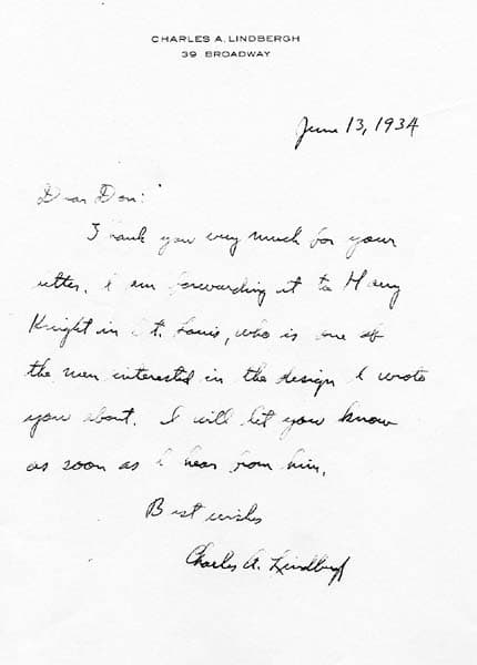 Autograph letter from Charles A. Lindbergh to Donald A. Hall Sr. regarding forwarding aircraft designs to Harry Knight in St. Louis.