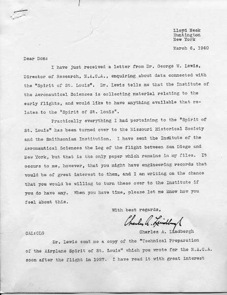 Page 1 of a typed letter signed from Charles A. Lindbergh to Donald A. Hall Sr. discussing NACA records and the Institute of the Aeronautical Sciences.