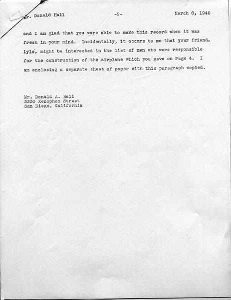 Page 2 of a typed letter signed from Charles A. Lindbergh commending Donald Hall for drafting NACA Technical Note 257.