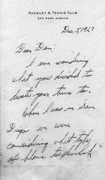 Page 1 of a handwritten letter from Charles A. Lindbergh to Donald A. Hall Sr. from the Racquet and Tennis Club in New York.