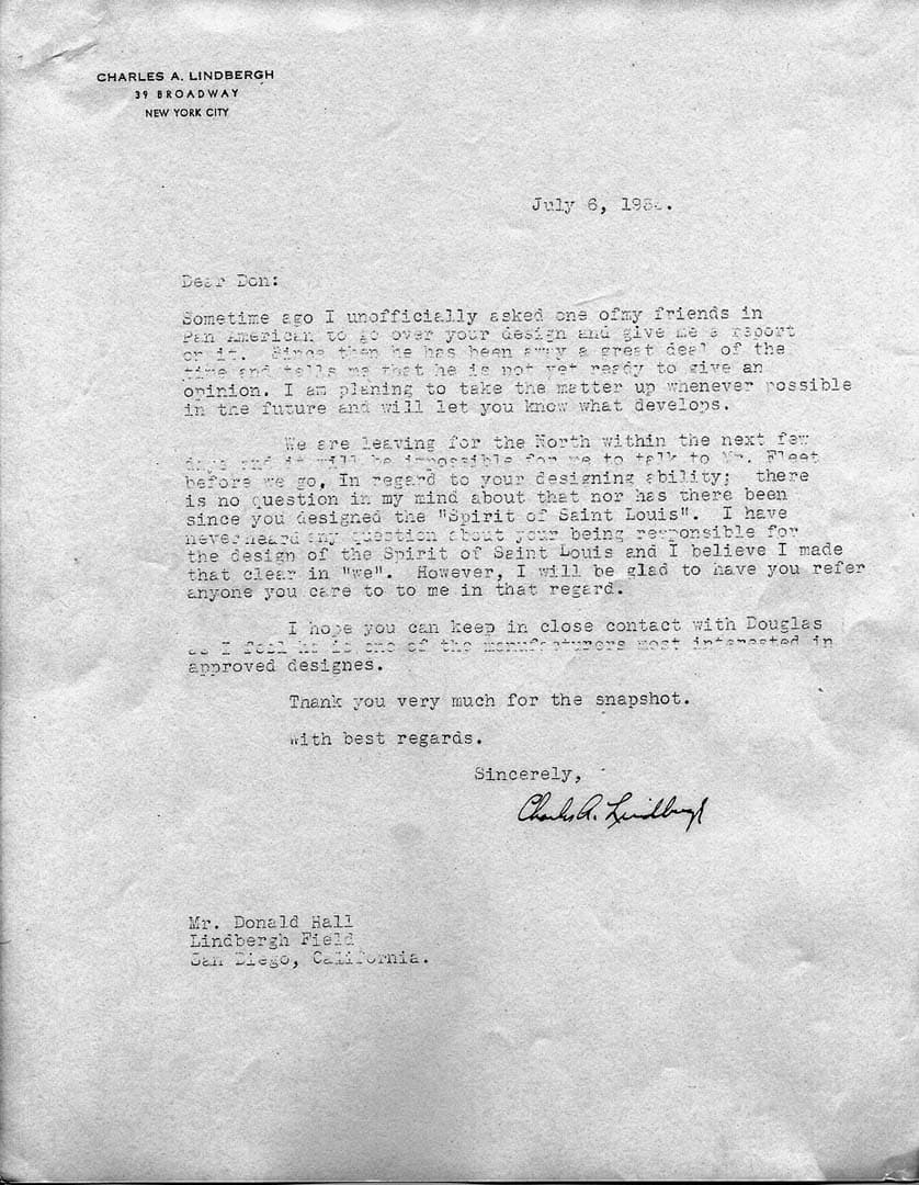 Typed letter signed by Charles A. Lindbergh to Donald A. Hall Sr. confirming Hall as sole designer of the Spirit of St. Louis.
