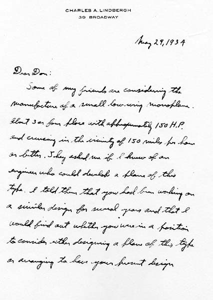 Page 1 of an autograph letter from Charles A. Lindbergh to Donald A. Hall Sr. proposing a 150 HP low-wing monoplane.
