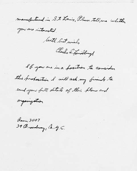 Page 2 of an autograph letter from Charles A. Lindbergh to Donald A. Hall Sr. offering manufacturing connections in St. Louis.