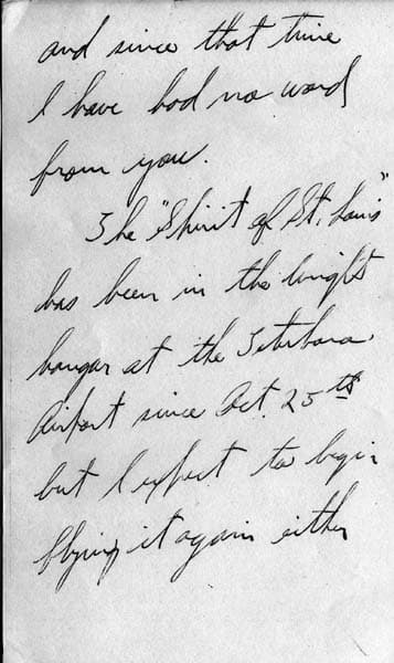 Page 2 of a handwritten letter from Charles A. Lindbergh describing the Spirit of St. Louis resting in the Wright hangar at Teterboro.