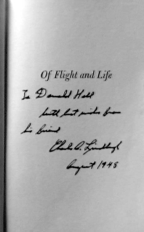 Title page of Of Flight and Life inscribed by Charles A. Lindbergh to his friend Donald Hall in August 1948.