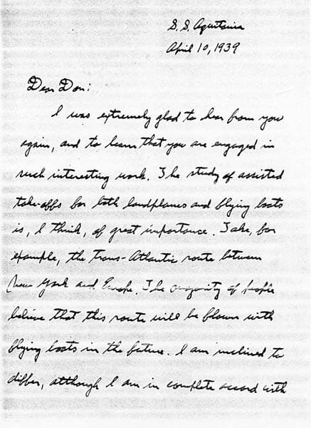 Page 1 of an autograph letter from Charles A. Lindbergh on S.S. Aquitania stationery discussing assisted takeoffs with Donald Hall.