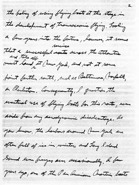 Page 2 of an autograph letter from Charles A. Lindbergh analyzing New York harbor winter ice and transoceanic flying boat hazards.