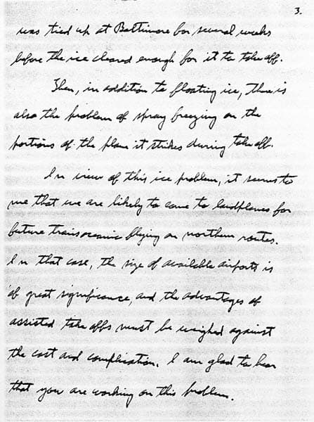 Page 3 of an autograph letter from Charles A. Lindbergh predicting landplanes for northern transoceanic routes and praising Hall's research.