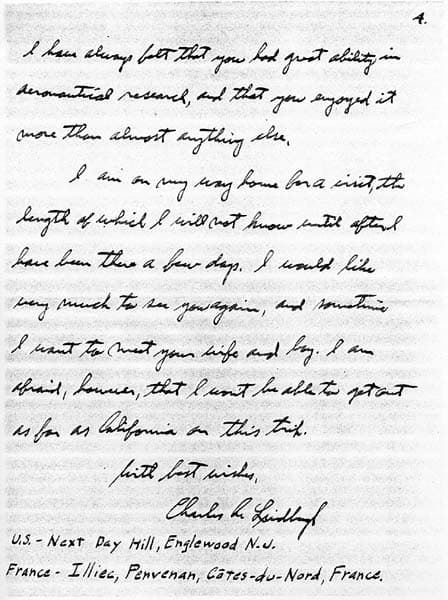 Page 4 of an autograph letter from Charles A. Lindbergh praising Donald Hall's research ability and listing French and U.S. addresses.
