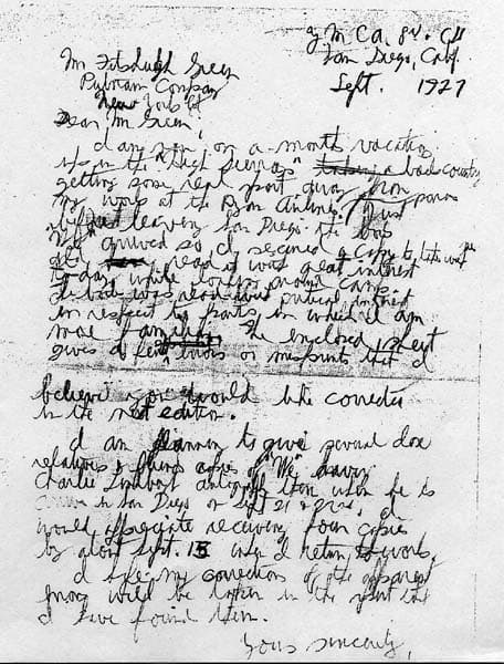 Handwritten draft letter from Donald A. Hall Sr. to Fitzhugh Green at Putnam's Sons written from the High Sierras in September 1927.