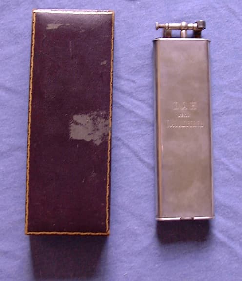 Engraved Dunhill Giant silver table lighter in presentation case gifted to Donald A. Hall by Charles A. Lindbergh in 1927.