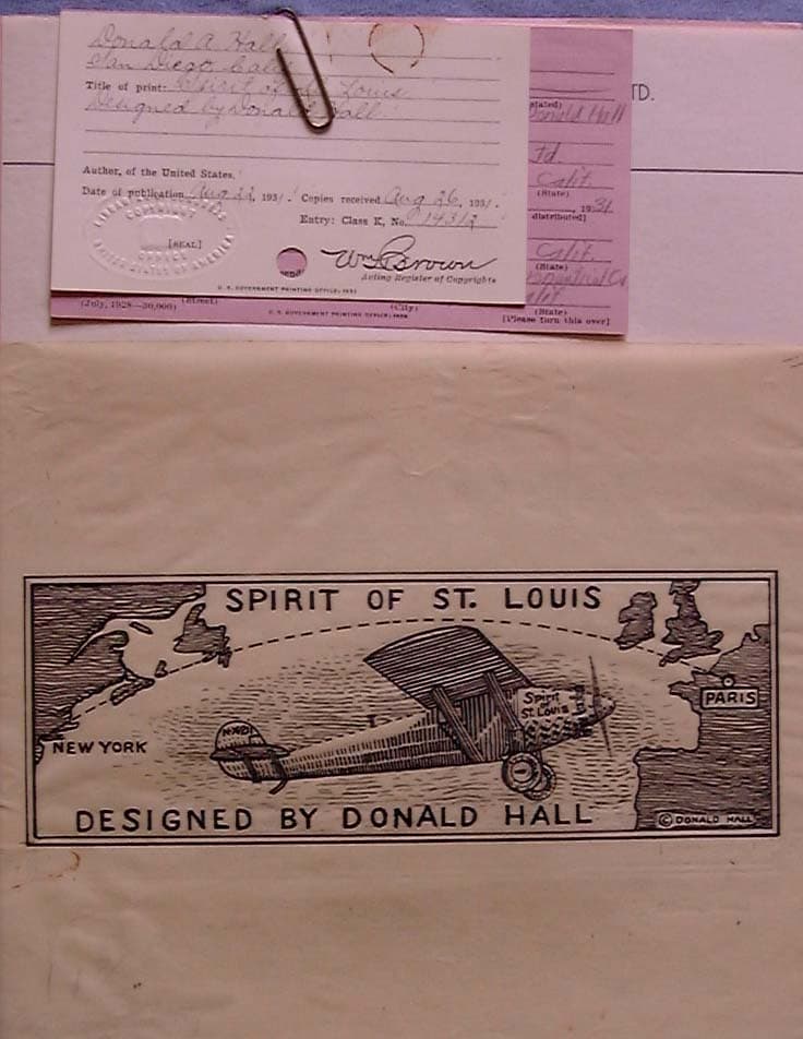 Library of Congress Copyright Office registration cards Class K No 14312 attached to Donald Hall's Spirit of St. Louis print.