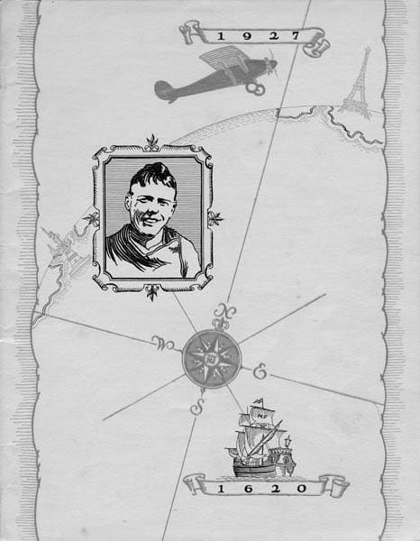 Illustrated cover of the National Aeronautic Breakfast menu showing the Spirit of St. Louis, the Mayflower ship, and Lindbergh's portrait.