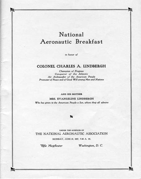 The title page of the National Aeronautic Breakfast program at The Mayflower Hotel in Washington D.C. honoring Lindbergh and his mother.