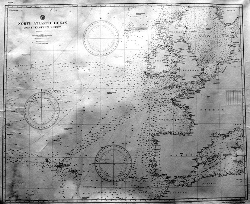Large-format maritime navigation chart of the Northeastern North Atlantic Ocean showing Ireland, Great Britain, and the European coast.