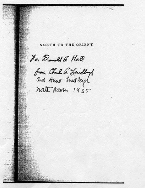 Title page of North to the Orient inscribed to Donald A. Hall jointly by Charles A. Lindbergh and Anne Morrow Lindbergh.