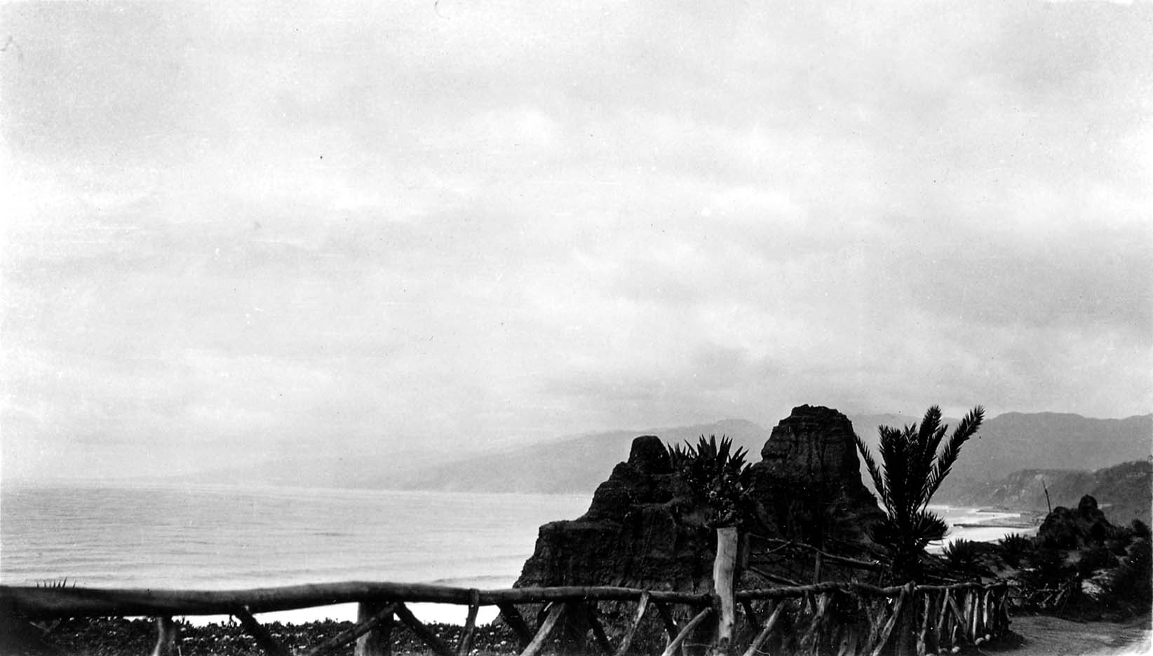 A rustic wooden branch fence and coastal agave framing an elevated ocean vista across Santa Monica Bay under an overcast sky.