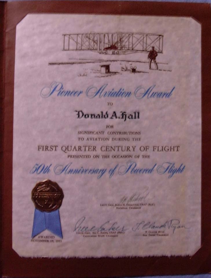 The Pioneer Aviation Award certificate presented to Donald A. Hall signed by Generals Jimmy Doolittle, Ira Eaker, and T. Claude Ryan.