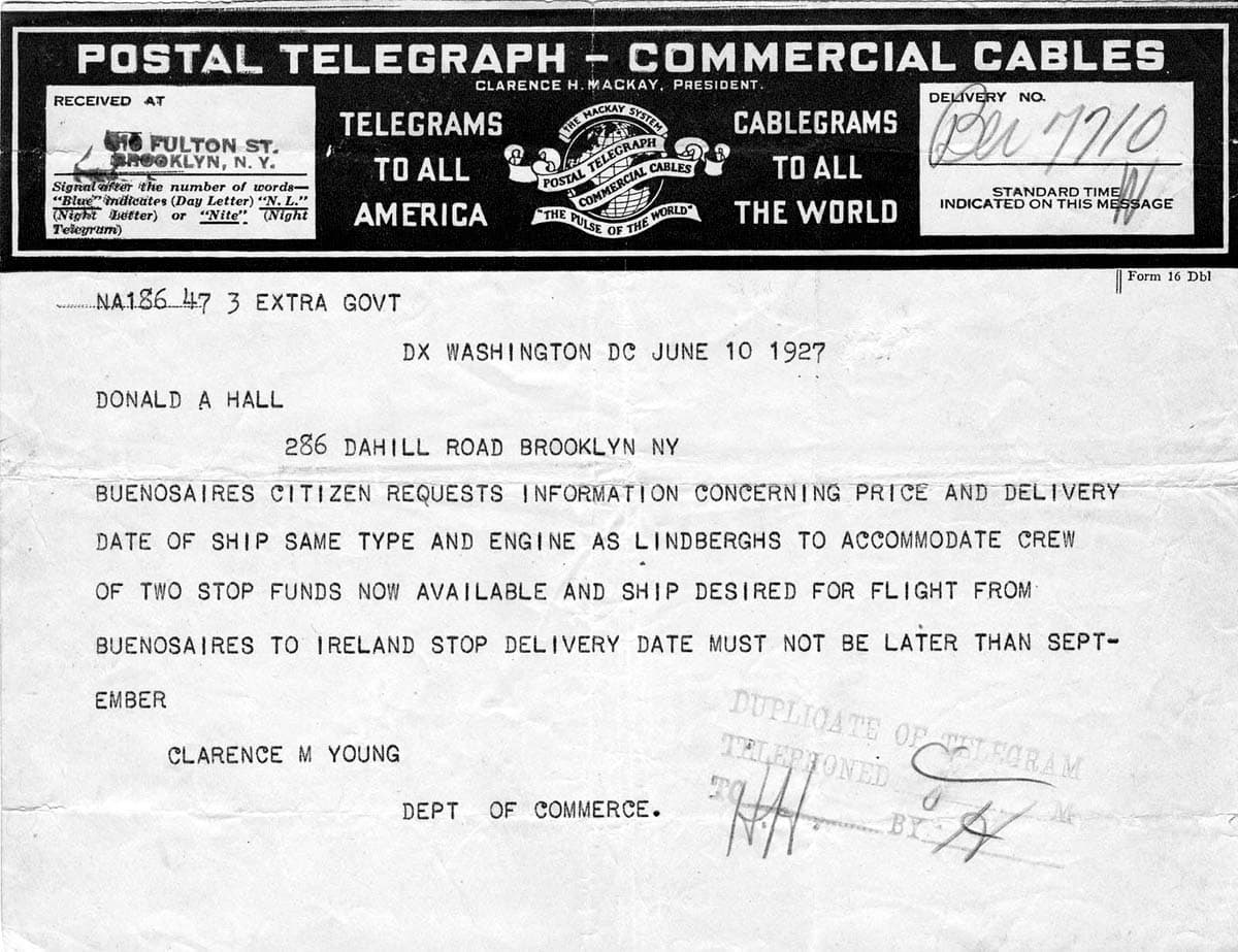 Postal Telegraph from Clarence M. Young at Commerce Department to Donald Hall regarding a Buenos Aires transatlantic aircraft inquiry.