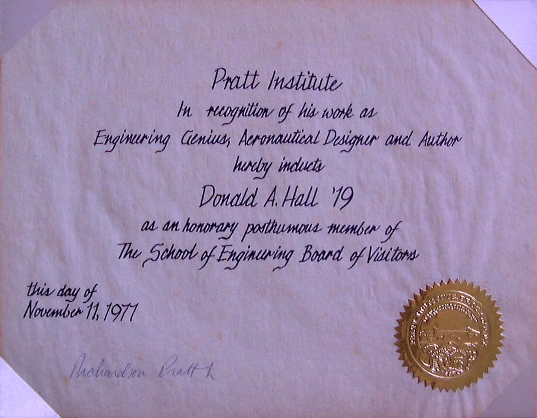 Certificate from Pratt Institute inducting Donald A. Hall Class of 1919 as an Engineering Genius and Aeronautical Designer in 1977.