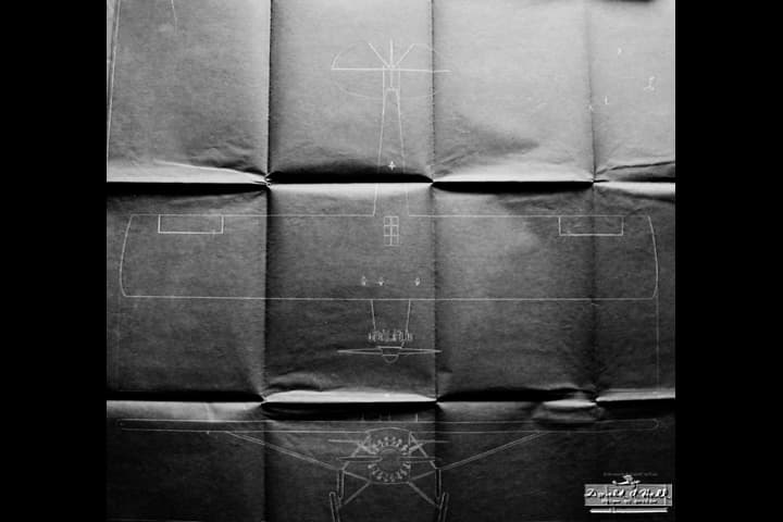 Blueprint photostat of the Ryan NYP Spirit of St. Louis three-view general arrangement drawing showing front, top, and side profiles.