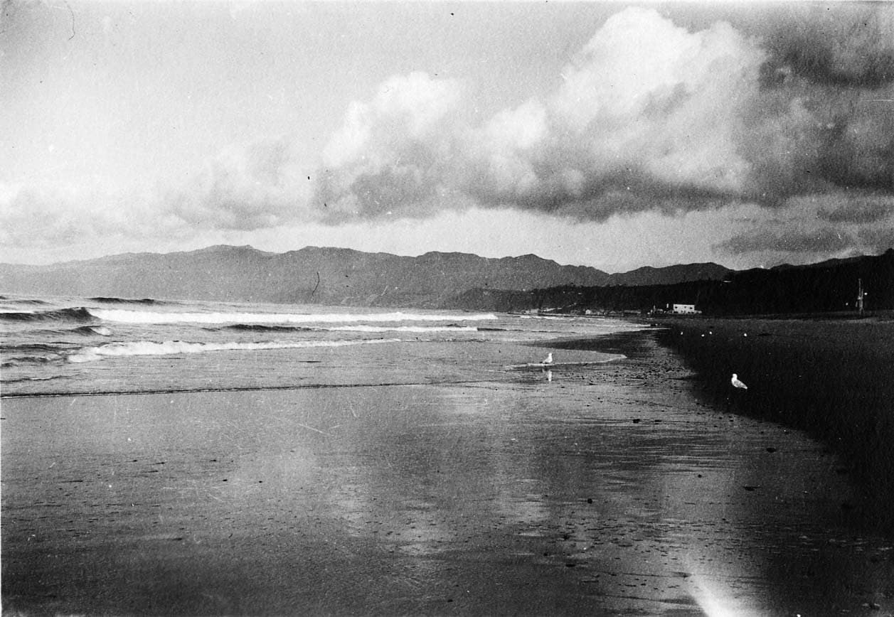 A wide sandy beach at low tide with wet sand reflections and seagulls, looking northwest across rolling surf toward the Santa Monica Mountains.