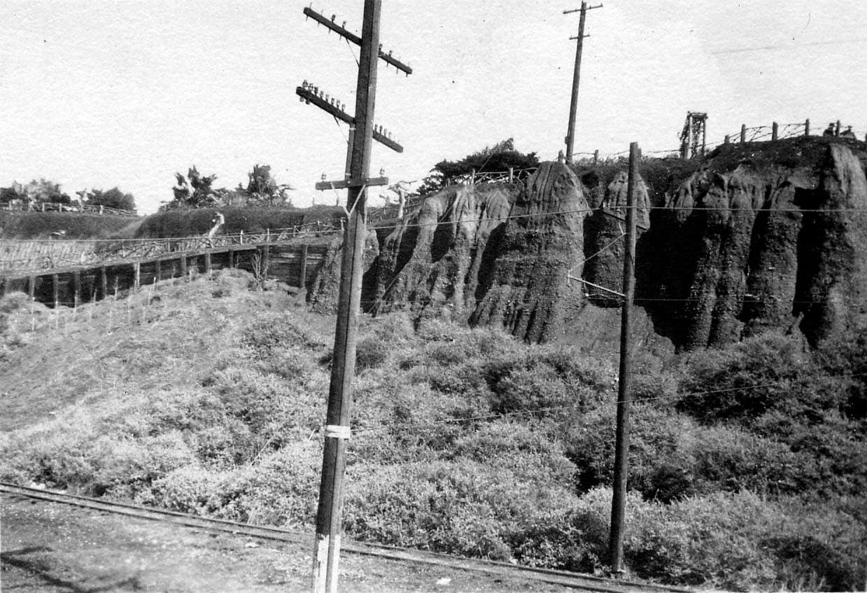 Eroded sandstone bluffs of the Santa Monica Palisades showing wooden cribbing, telephone poles, and coastal railway tracks at the base.