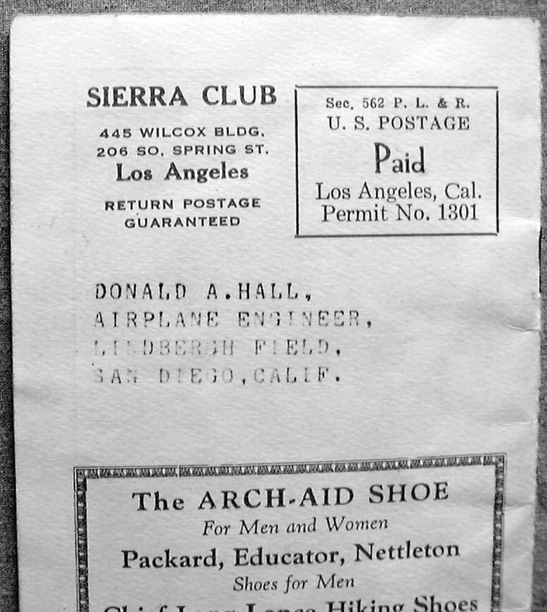Mailing wrapper from the Sierra Club in Los Angeles addressed to Donald A. Hall Airplane Engineer at Lindbergh Field San Diego.