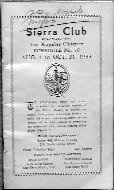 Cover of the Sierra Club Schedule No. 76 booklet for the Los Angeles Chapter dated August to October 1933 with hand annotations.