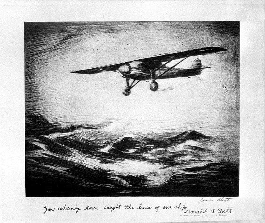 A dramatic artistic etching of the Spirit of St. Louis flying over stormy ocean waves, featuring a handwritten note by Donald A. Hall Sr.