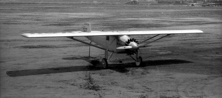 Elevated wide-angle photograph of the Spirit of St. Louis during weight-and-balance tests at Dutch Flats.