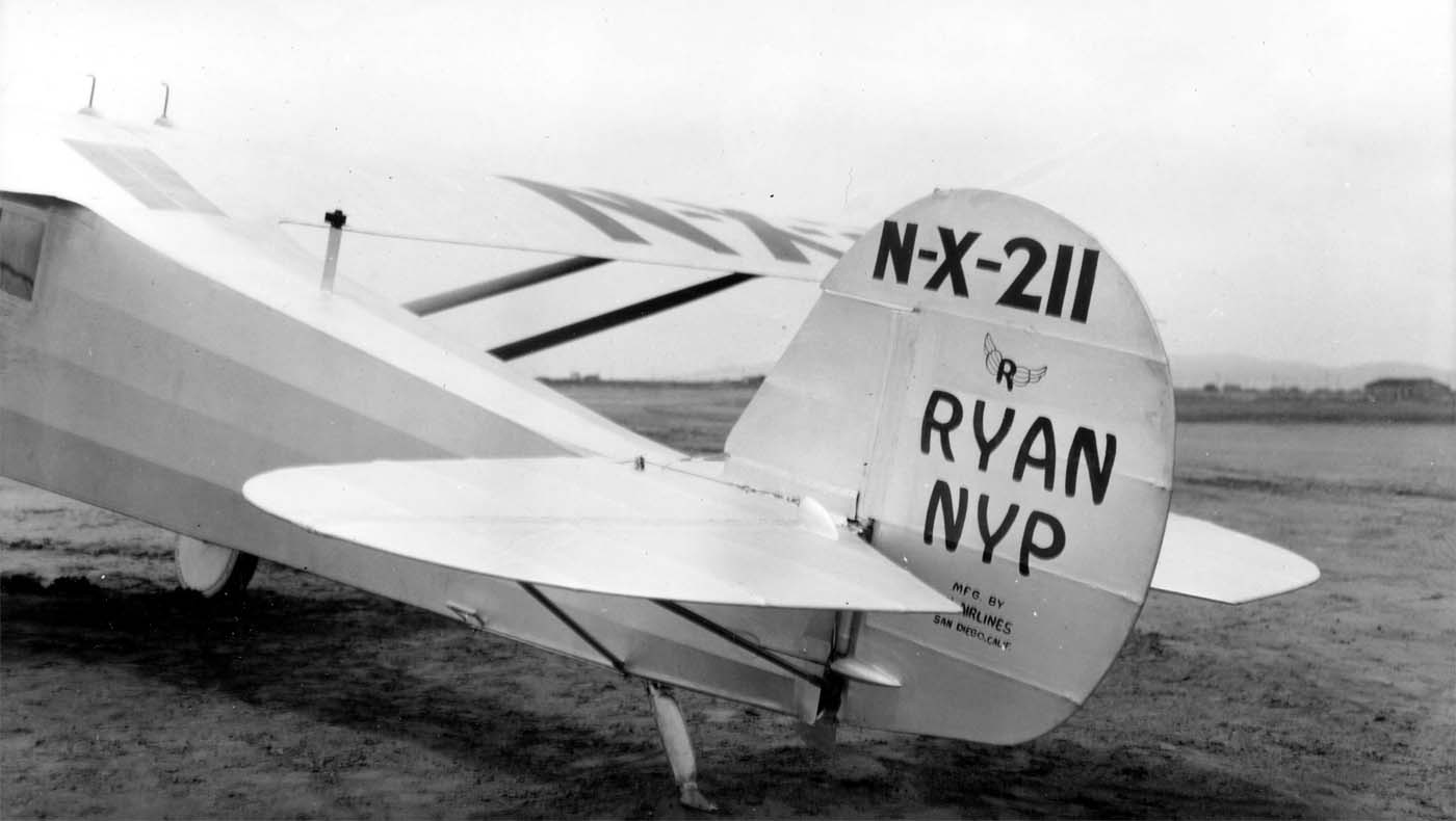 Close-up photograph of the Spirit of St. Louis empennage at Dutch Flats showing factory rudder markings and registration.