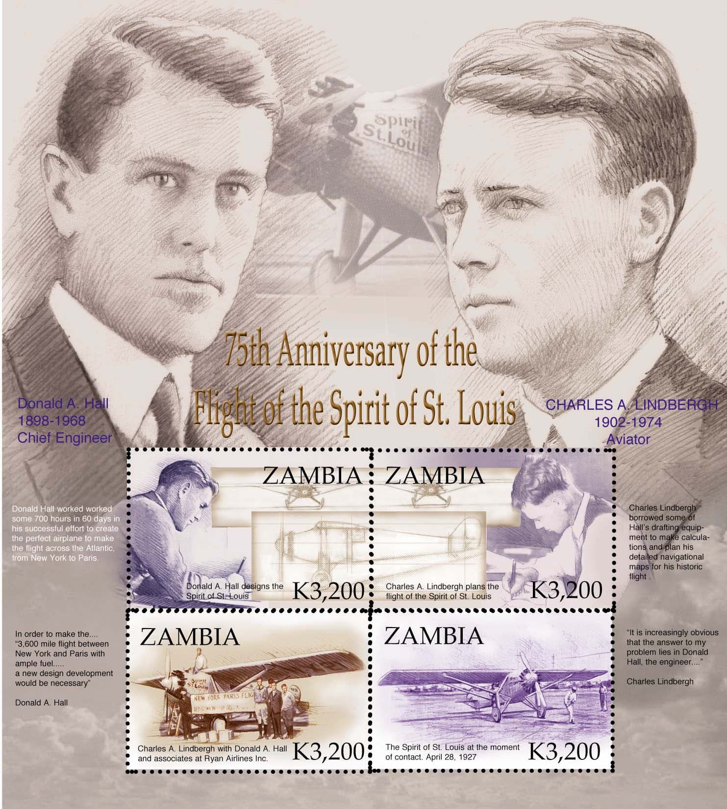 Commemorative 75th Anniversary Spirit of St. Louis postage stamp sheet from Zambia featuring Donald Hall and Charles Lindbergh.